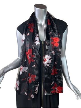 NEW Fashion Scarf Black & Red Floral Silk Feel 60” X 13”